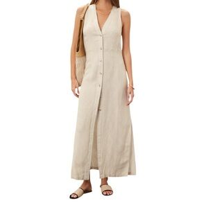 Onia NWT Air Linen Button Down Maxi jute/white stripes dress size small